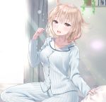  1girl ahoge bangs blush breasts brown_eyes collarbone commentary_request eyebrows_visible_through_hair fate/grand_order fate_(series) hakuda_tofu indoors long_sleeves looking_at_viewer medium_breasts okita_souji_(fate) okita_souji_(fate)_(all) open_mouth pajamas sitting smile solo striped striped_pajamas translation_request waking_up white_pajamas 