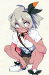  1girl beige_background black_hairband dark_skin eating food g6_(jiiroku) grey_eyes hair_between_eyes hairband highres pokemon pokemon_(game) pokemon_swsh saitou_(pokemon) senbei sharp_teeth short_hair solo squatting sweat teeth 