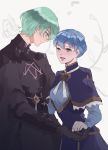  1boy 1girl bangs blush braid brown_eyes byleth_(fire_emblem) byleth_(fire_emblem)_(male) closed_mouth couple crown_braid dress fire_emblem fire_emblem:_three_houses green_eyes green_hair height_difference highres holding_hands light_blue_hair long_sleeves looking_at_another marianne_von_edmund smile tagme thike_sbm 