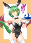  1girl 1other absurdres animal_ears black_leotard black_neckwear bow bowtie breasts bunny_ears bunny_girl bunnysuit cleavage commentary_request cowboy_shot detached_collar draco_centauros dragon_girl dragon_horns dragon_tail dragon_wings green_hair hand_on_hip highres horns leotard looking_at_viewer madou_monogatari medium_breasts nanao_futaba pointy_ears puyo_(puyopuyo) puyopuyo short_hair smile standing strapless strapless_leotard tail thighhighs white_legwear wings wrist_cuffs yellow_eyes 