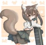  1girl animal_ear_fluff animal_ears ass bike_shorts breasts brown_eyes brown_hair cartridge commentary_request cowboy_shot dog_ears dog_tail flight_deck headband headgear highres kantai_collection kasashi_(kasasi008) kemonomimi_mode looking_at_viewer mouth_hold paw_print sideboob small_breasts solo standing taihou_(kantai_collection) tail two-tone_background 