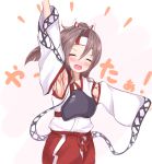  1girl armpits arms_up brown_hair closed_eyes commentary_request cowboy_shot detached_collar detached_sleeves hachimaki hakama_pants headband high_ponytail highres japanese_clothes k_knakomochi008 kancolle_arcade kantai_collection long_hair muneate simple_background smile solo white_background zuihou_(kantai_collection) 