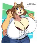  absurd_res big_breasts bottomwear bra breasts canid canine canis cleavage clothed clothing dialogue domestic_dog female hair hi_res huge_breasts jeans june_(jinu) jwinkz mammal pants shiba_inu shirt smile solo spitz topwear underwear 