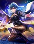  1girl armor blue_eyes blue_hair breasts byleth_(fire_emblem) byleth_(fire_emblem)_(female) closed_mouth fire_emblem fire_emblem:_three_houses full_body holding holding_sword holding_weapon kokouno_oyazi large_breasts navel navel_cutout one_knee pantyhose solo sword weapon 