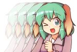  &gt;_o 1girl :d ;d afterimage animal_ears blue_eyes blush commentary dog_ears english_commentary fang green_hair kasodani_kyouko long_sleeves looking_at_viewer motion_lines one_eye_closed open_mouth short_hair simple_background smile solo sparkle sparkling_eyes thumbs_up touhou upper_body white_background wool_(miwol) 