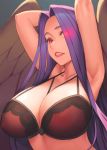  1girl armpits arms_behind_head arms_up bra breasts cleavage close-up fate/grand_order fate_(series) feathered_wings glowing glowing_eyes gorgon_(fate) huge_breasts lingerie lips long_hair looking_at_viewer nipples parted_lips pink_eyes portrait purple_hair red_bra rotix see-through solo underwear upper_body wings 