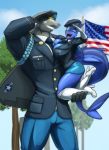  aircraft breasts clothing duo female fish gesture hi_res living_aircraft living_machine living_vehicle machine male male/female marine military military_uniform salute samuel_(renthedragon) shark stars_and_stripes toughset tree uniform united_states_of_america vehicle zigii 