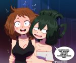  2girls :d absurdres asui_tsuyu blush blush_stickers boku_no_hero_academia brown_eyes brown_hair collarbone english_text green_hair hair_rings highres long_hair multiple_girls open_mouth scrubforwork short_hair sidelocks smile twitter_logo twitter_username upper_body uraraka_ochako yuri 