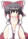  black_hair bow collarbone detached_sleeves hair_bow hakurei_reimu kugui_kiyunemu long_hair looking_at_viewer mouth_hold navel nude red_bow red_eyes red_skirt ribbon-trimmed_sleeves ribbon_trim sidelocks simple_background skirt solo spread_legs stomach touhou white_background 