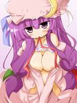  blush breasts crescent hat large_breasts long_hair mouth_hold patchouli_knowledge purple_eyes purple_hair ribbon ribbon_in_mouth shirogane_(platinum) shirt_lift solo touhou 