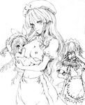  angry baby blood braid breast_envy breast_feeding breasts flandre_scarlet greyscale hat hong_meiling izayoi_sakuya katzeh long_hair medium_breasts monochrome motherly multiple_girls nipples touhou twin_braids younger 