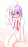  animal_ears arm_support bangs blush bottomless breasts bunny_ears dress_shirt ear_grab embarrassed frown full-face_blush kurikara long_hair long_sleeves looking_at_viewer medium_breasts necktie on_bed purple_hair red_eyes red_neckwear reisen_udongein_inaba shirt simple_background sitting solo touhou undone_necktie untied wavy_mouth white_background 
