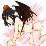  all_fours bad_id bad_pixiv_id black_hair black_wings hat looking_at_viewer natsui panties red_eyes shameimaru_aya smile solo striped striped_panties thighhighs topless touhou underwear wings 