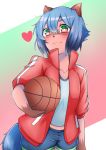  &lt;3 2020 anime anthro ball basketball black_nose blue_body blue_fur blue_hair bottomwear brand_new_animal brown_body brown_fur canid canine clothed clothing female fingers fluffy fluffy_tail fur green_eyes hair hi_res holding_ball holding_object looking_at_viewer mammal michiru_kagemori pink_eyes portrait raccoon_dog rikky_is short_hair smile solo studio_trigger tanuki three-quarter_portrait translucent translucent_hair 