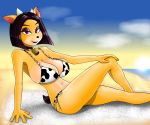  activision animal_print anthro bandicoot big_breasts bikini black_hair breasts choker cleavage clothed clothing cow_print crash_bandicoot_(series) crash_team_racing_nitro-fueled eyeshadow female hair hi_res jewelry lipstick liz_bandicoot makeup mammal marsupial necklace pink_eyes solo swimwear unknown_artist video_games 