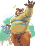  animal_crossing anthro balls bottomless censored clothed clothing eyebrows flaccid genitals gesture hi_res humanoid_genitalia humanoid_penis male mammal musclegut nintendo pawpads penis pubes shirt solo teddy_(animal_crossing) tetsuo_oshiba thick_eyebrows topwear ursid video_games watering_can waving 