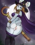  anthro anus breasts butt clothed clothing delki female genitals hat headgear headwear hi_res lagomorph leporid looking_at_viewer looking_back magic_user mammal moon night pants_down partially_clothed pussy rabbit solo spread_butt spreading staff witch witch_hat 