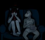  anthro blood blood_on_clothing blood_on_face bodily_fluids boxers_(clothing) canid canine canis clothing domestic_dog duo female food furniture ghost_pupper hi_res hladilnik male mammal popcorn scared shirt sofa spirit tank_top topwear underwear wolf 
