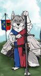  3_toes 4_fingers anthro bad_guy_cafe blade blue_eyes canid canine canis fight fingers flag fur grey_body grey_fur hi_res male mammal medieval melee_weapon mick_fries smile solo sword tent toes weapon wolf ziegelzeig 