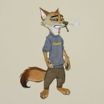  1:1 2020 anthro barefoot bottomwear brown_body brown_fur canid canine canis cheek_tuft clothing coyote dipstick_tail disney facial_tuft fan_character fur mammal multicolored_tail neck_tuft pants samur_shalem shirt simple_background solo standing tan_background topwear tuft zootopia 