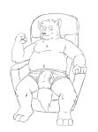  2020 3_toes 4_fingers anthro arm_tuft biped black_and_white briefs bulge canid canine canis chair chest_tuft clothed clothing cousin_dave coyote digital_media_(artwork) ear_tuft feet fingers fist furniture genital_outline half-closed_eyes heyitscousindave hi_res looking_at_viewer male mammal monochrome narrowed_eyes overweight overweight_male penis_outline recliner simple_background sitting sketch solo toes topless tuft underwear underwear_only white_background 