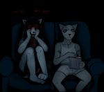  anthro blood blood_on_clothing blood_on_face bodily_fluids boxers_(clothing) canid canine canis clothing domestic_dog duo female food furniture ghost_pupper hi_res hladilnik male mammal popcorn scared shirt sofa spirit tank_top topwear underwear wolf 