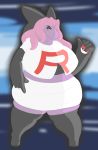  2017 accessory anthro armwear big_breasts black_eyeshadow breasts clothed clothing detailed_background digital_media_(artwork) eyelashes eyeshadow female gloves hair hair_accessory hair_bow hair_ribbon handwear hi_res humanoid legwear makeup mcnasty midriff mole_under_eye muk nintendo overweight overweight_female pink_hair pok&eacute;ball pok&eacute;mon pok&eacute;mon_(species) ribbons solo tanya_(mcnasty) team_rocket thick_thighs video_games 