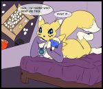  amper anthro bed blue_eyes canid canine clothed clothing controller delivery_(commerce) digimon digimon_(species) english_text female fox furniture game_controller laying_on_bed mammal postal_delivery renamon solo story story_in_description text 