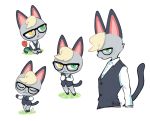  2020 animal_crossing anthro blonde_hair chibi clothed clothing dancing eyes_closed eyewear felid fur glasses green_eyes grey_body grey_fur hair heterochromia looking_at_viewer male mammal mob0322 multiple_scenes nintendo raymond_(animal_crossing) solo topwear tulip_(flower) vest video_games yellow_eyes 