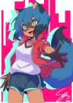  5_fingers anime anthro black_nose blue_body blue_eyes blue_fur blue_hair bottomwear brand_new_animal brown_body brown_fur canid canine clothed clothing female fingers fluffy fluffy_tail fur gym_shorts hair hi_res jacket mammal michiru_kagemori multicolored_eyes open_mouth pink_eyes portrait raccoon_dog sen_miyagawa short_hair shorts solo studio_trigger tanuki three-quarter_portrait topwear 