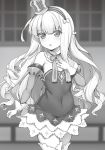  1girl azur_lane blush bow breasts eyebrows_visible_through_hair gloves greyscale hair_bow hand_on_own_chest highres long_hair looking_away monochrome novel_illustration parted_lips queen_elizabeth_(azur_lane) raiou ringlets small_breasts solo thighhighs very_long_hair 