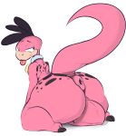  anthro anus balls big_balls big_butt blush butt collar dino_(flintstones) dinosaur genitals girly hanna-barbera looking_back male ponk reptile scalie solo the_flintstones tongue tongue_out 