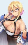  1girl azur_lane bare_shoulders blonde_hair breast_tattoo breasts cleavage coat commentary_request glasses gradient_hair highres id_card large_breasts manicure marblehead_(azur_lane) multicolored_hair nakano_sora open_clothes open_coat short_hair simple_background smile solo tattoo turtleneck 