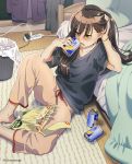  1girl artist_name bangs bed black_shirt blush brown_hair can eyebrows_visible_through_hair feet_out_of_frame highres ichimirenge long_hair open_mouth original pants pink_pants plug power_strip shadow shirt short_sleeves sitting solo trash_can twitter_username 