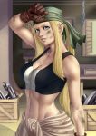  1girl arm_up automail blonde_hair blue_eyes breasts brown_gloves chain cleavage cowboy_shot dirty_face earrings fullmetal_alchemist gloves green_bandana indoors jewelry long_hair looking_at_viewer midriff navel parted_lips ponytail sidelocks solo winry_rockbell zetman92 zipper 