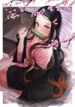  1girl absurdres bit_gag black_hair border box checkered cherry_blossoms fingernails from_above from_side gag gagged gradient_hair hair_ribbon hand_up haori highres japanese_clothes kamado_nezuko kimetsu_no_yaiba kimono long_fingernails long_hair long_sleeves looking_at_viewer looking_to_the_side looking_up multicolored_hair obi off_shoulder open_clothes oretsuu pink_eyes pink_kimono pink_ribbon red_hair ribbon sash shallow_water sharp_fingernails sitting solo tree_branch very_long_hair water white_border wide_sleeves wooden_box 
