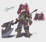  1girl breastplate brown_gloves closed_mouth english_text gauntlets gloves grey_background grey_pants hashtag helmet highres holding holding_weapon long_hair looking_at_viewer metal_boots nogchasaeg_(karon2848) original pants poleaxe purple_eyes red_hair simple_background single_gauntlet solo standing twintails weapon 