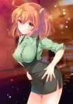  1girl ahoge bangs blush breasts collared_shirt fate/grand_order fate_(series) fujimaru_ritsuka_(female) green_shirt green_skirt hair_ornament hair_scrunchie hands_on_hips large_breasts looking_at_viewer one_side_up open_mouth orange_eyes orange_hair orange_scrunchie pencil_skirt scrunchie shirt short_hair short_sleeves skirt solo suspender_skirt suspenders tanabe thighs 