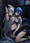  2girls absurdres azur_lane bandaged_arm bandages bare_shoulders bdsm black_gloves black_pants blue_eyes blue_hair blush bound bound_arms breasts chain chapayev_(azur_lane) chapayev_(the_captive_cavalier)_(azur_lane) choker cleavage crop_top cuffs eyebrows_visible_through_hair gloves hair_between_eyes highres huge_breasts iku!_iku!! large_breasts long_hair looking_at_another looking_at_viewer midriff mole mole_on_breast mole_under_mouth moonlight multiple_girls navel on_floor pants police_badge prison red_eyes shackles shirt short_hair short_sleeves silver_hair sitting smile sovetskaya_rossiya_(azur_lane) sovetskaya_rossiya_(the_lackadaisical_lookout)_(azur_lane) tongue tongue_out torn_clothes torn_shirt very_long_hair window yuri 