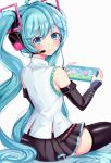  1girl absurdres aqua_eyes aqua_hair bangs bare_shoulders black_skirt blue_eyes blue_hair blush commentary detached_sleeves doubutsu_no_mori hair_ornament hatsune_miku hatsune_miku_(vocaloid4) headphones headset highres huge_filesize long_hair looking_at_viewer nintendo_switch pleated_skirt simple_background skirt smile solo thighhighs twintails v4x very_long_hair vocaloid white_background zipgaemi 
