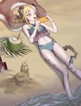  1girl absurdres arknights bare_arms bare_legs bare_shoulders beach bikini blonde_hair blue_bikini breasts cellphone coconut drinking_straw feet_out_of_frame food_in_mouth hands_up highres holding holding_phone horns ifrit_(arknights) innertube lying mouth_hold navel on_back ore_lesion_(arknights) phone sand sand_castle sand_sculpture shadow short_hair shovel small_breasts smartphone soaking_feet solo stomach swimsuit tail thighs v-shaped_eyebrows water wuguigui yellow_eyes 