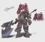  1girl absurdres breastplate brown_gloves closed_mouth english_text gauntlets gloves grey_background grey_pants hashtag helmet highres holding holding_weapon long_hair looking_at_viewer metal_boots nogchasaeg_(karon2848) original pants poleaxe purple_eyes red_hair simple_background single_gauntlet solo standing twintails weapon 