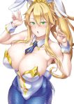  1girl ahoge animal_ears artoria_pendragon_(all) artoria_pendragon_(swimsuit_ruler)_(fate) bangs bare_shoulders blonde_hair blue_legwear blue_neckwear blush braid breasts bunny_ears bunny_tail bunnysuit cleavage collarbone detached_collar fate/grand_order fate_(series) fishnet_legwear fishnets french_braid green_eyes hair_between_eyes hands_up large_breasts leotard long_hair looking_at_viewer navel navel_cutout necktie open_mouth ponytail sidelocks simple_background soba_(saz) solo tail tiara white_leotard wrist_cuffs 