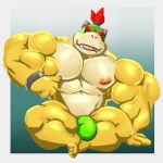  1:1 2017 anthro big_muscles black_eyes bowser_jr. bracelet bulge eyebrows fangs front_view hair hi_res horn huge_muscles jewelry koopa male mario_bros muscular muscular_male nintendo nipples open_mouth pecs red_eyebrows red_hair scalie sitting solo terrywolf23 video_games yellow_body 