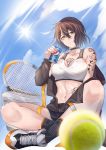  1girl 333_(pixiv8601259) absurdres ahoge azur_lane ball baltimore_(azur_lane) baltimore_(black_ace)_(azur_lane) bare_shoulders black_shorts blue_sky blush braid breasts brown_hair choker cleavage cloud eyebrows_visible_through_hair hair_between_eyes hair_ornament highres indian_style jacket large_breasts long_sleeves looking_at_viewer open_clothes open_jacket pepsi racket shoes short_hair short_shorts shorts sitting sky smile sneakers solo sports_bra sun sunlight tattoo tennis_ball tennis_racket towel yellow_eyes 