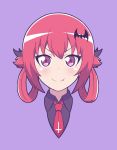  1girl artsy-rc bat_hair_ornament blush bow closed_mouth collared_shirt cross eyebrows_visible_through_hair fang fang_out gabriel_dropout grey_bow grey_shirt hair_bow hair_ornament highres inverted_cross kurumizawa_satanichia_mcdowell looking_at_viewer necktie portrait red_eyes red_hair red_neckwear shirt smile solo wing_collar 
