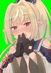  1girl absurdres ahoge black_gloves blonde_hair blush breasts cleavage cleavage_cutout covering_mouth dark_skin eyebrows_visible_through_hair gloves green_background hair_ribbon hands_over_mouth heart heart-shaped_pupils highres hololive long_hair looking_at_viewer medium_breasts pointy_ears ponytail red_eyes ribbon shiranui_flare shoulder_cutout simple_background solo symbol-shaped_pupils tonari_no_kai_keruberosu upper_body virtual_youtuber wide_sleeves 