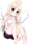  1other absurdres angel angel_wings bare_shoulders bike_shorts black_shorts blonde_hair blue_eyes blush broken_halo chiitamu closed_mouth crimvael dress eyebrows_visible_through_hair halo highres ishuzoku_reviewers long_hair shorts simple_background sitting solo strapless strapless_dress toes white_background white_dress wings 