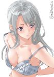  1girl adjusting_bra adjusting_clothes arms_behind_back blue_bra blush bra breasts checkered checkered_bra collarbone ebifurya eyebrows_visible_through_hair highres kantai_collection long_hair open_mouth purple_eyes sagiri_(kantai_collection) silver_hair simple_background small_breasts solo twitter_username underwear upper_body white_background 