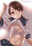  1girl blue_sailor_collar blue_skirt blush bra breasts brown_eyes brown_hair ebifurya eyebrows_visible_through_hair highres kantai_collection navel parted_lips sailor_collar school_uniform serafuku shirayuki_(kantai_collection) short_hair short_sleeves skirt small_breasts solo twintails twitter_username underwear upper_body white_bra 